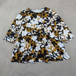 Jessica London Size 22/24 Floral Tunic Top Mustard Yellow 3/4 Sleeve A-Line Boho
